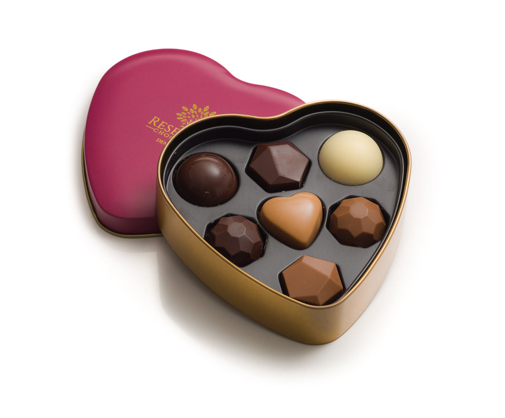 Metal hjerte rød & guld- Fyldt chokolade – Selected Gourmet Group ApS