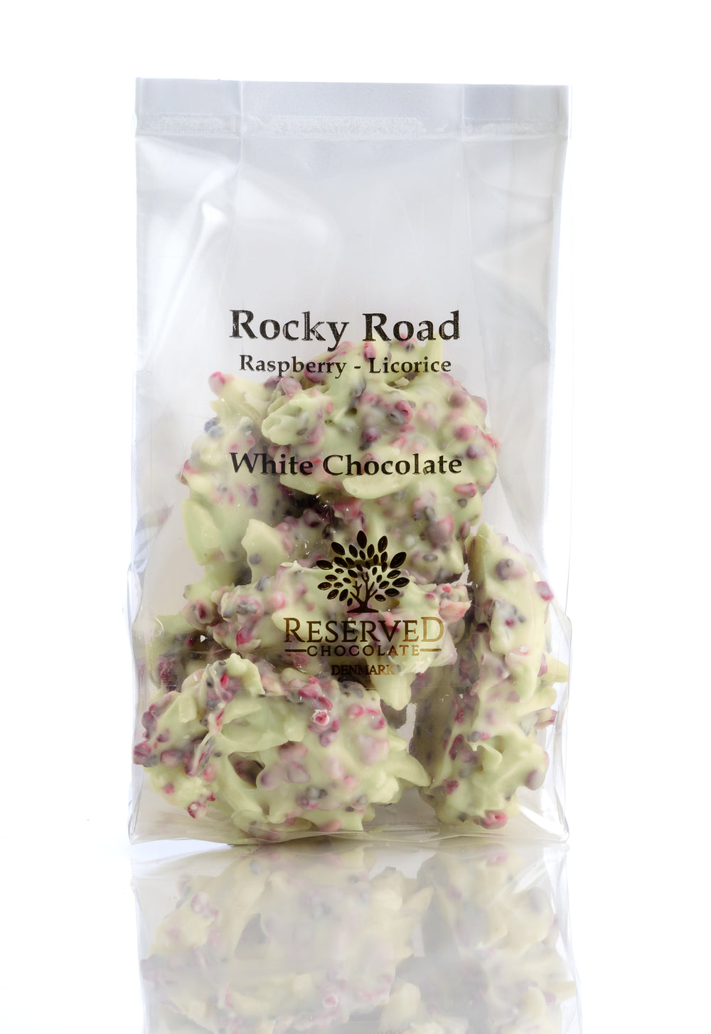 Rocky Road - Hvid chokolade med mandelflager, hindbær & lakrids